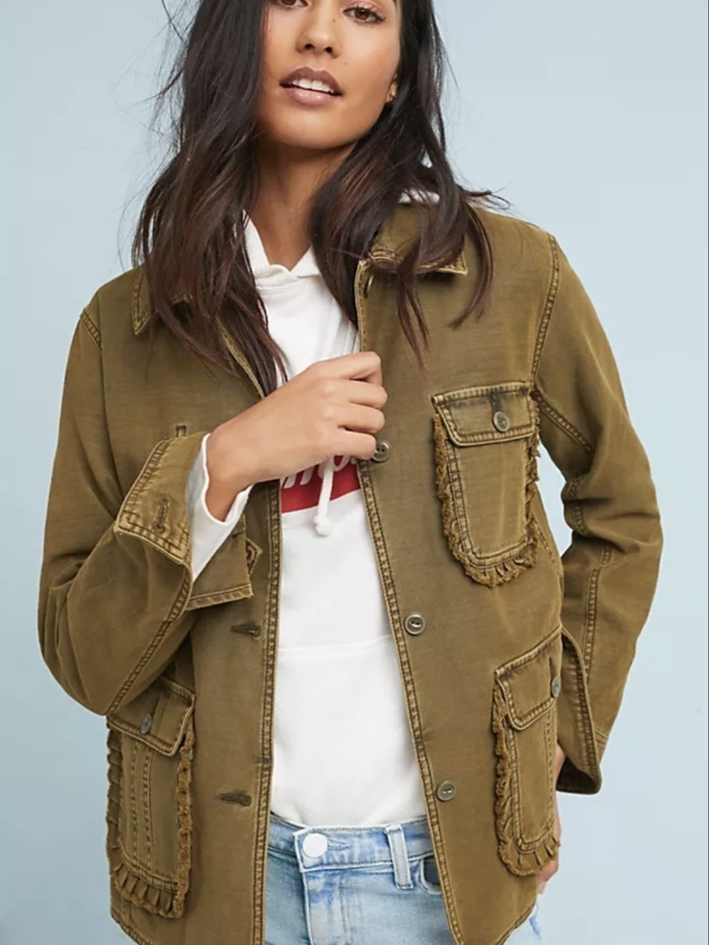 Anthropologie Olive Ruffled Utility Jacket XS  Boho Cargo Field Military Coat